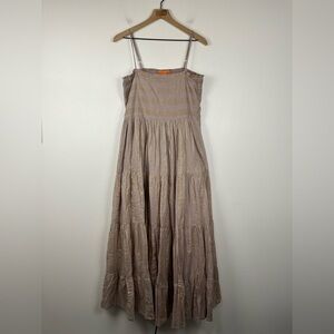 Oliphant Smocked Tiered Purple Gray Metallic Gold Dot Stripe Midi Dress Sz L